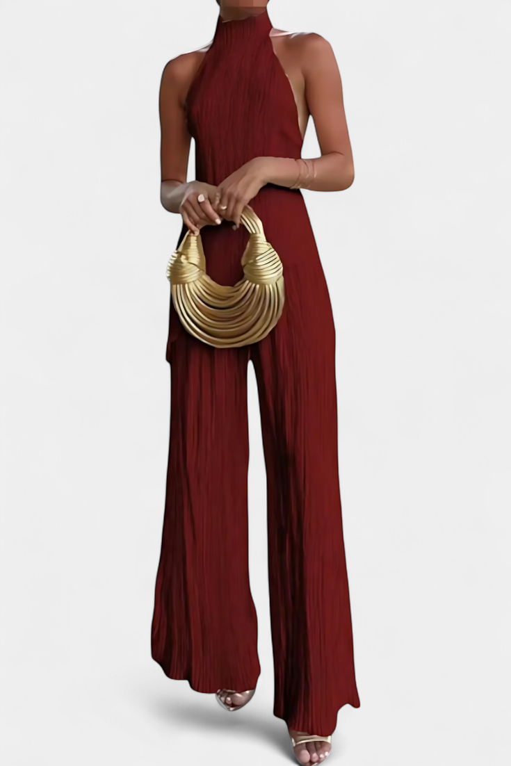 Banff Pleated Set with Asymmetrical Halter Top and Flowing Pants
