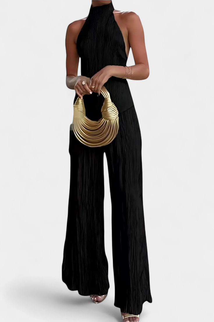 Banff Pleated Set with Asymmetrical Halter Top and Flowing Pants