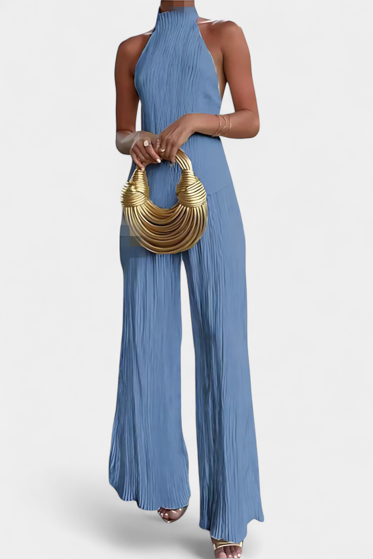 Banff Pleated Set with Asymmetrical Halter Top and Flowing Pants