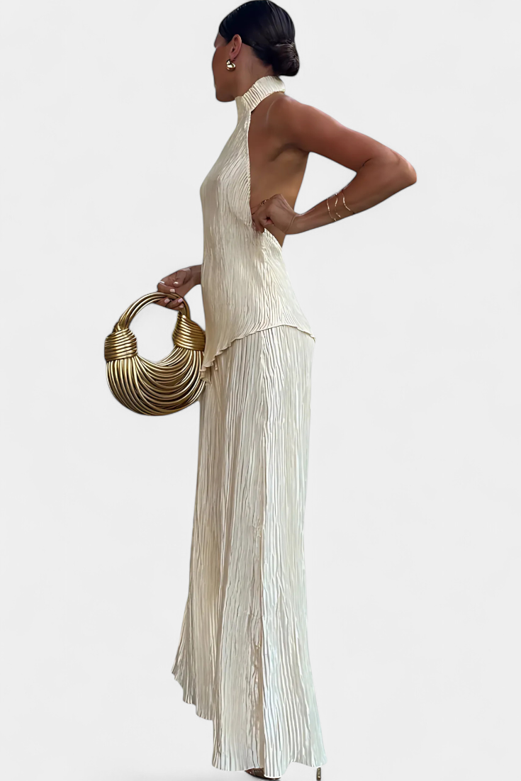 Banff Pleated Set with Asymmetrical Halter Top and Flowing Pants