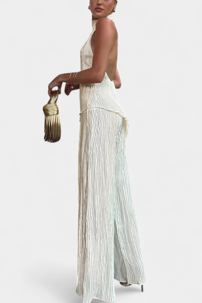 Banff Pleated Set with Asymmetrical Halter Top and Flowing Pants