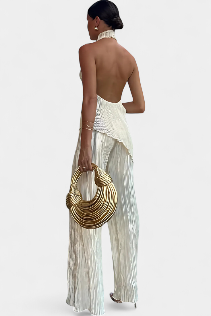Banff Pleated Set with Asymmetrical Halter Top and Flowing Pants