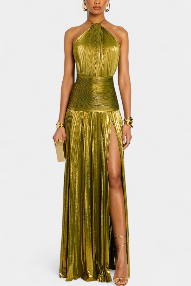 Whistler Metallic Halter Dress with Open Back and High Slit