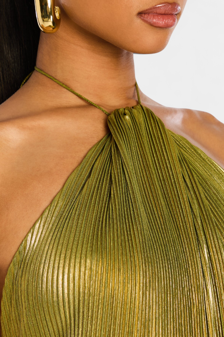 Whistler Metallic Halter Dress with Open Back and High Slit