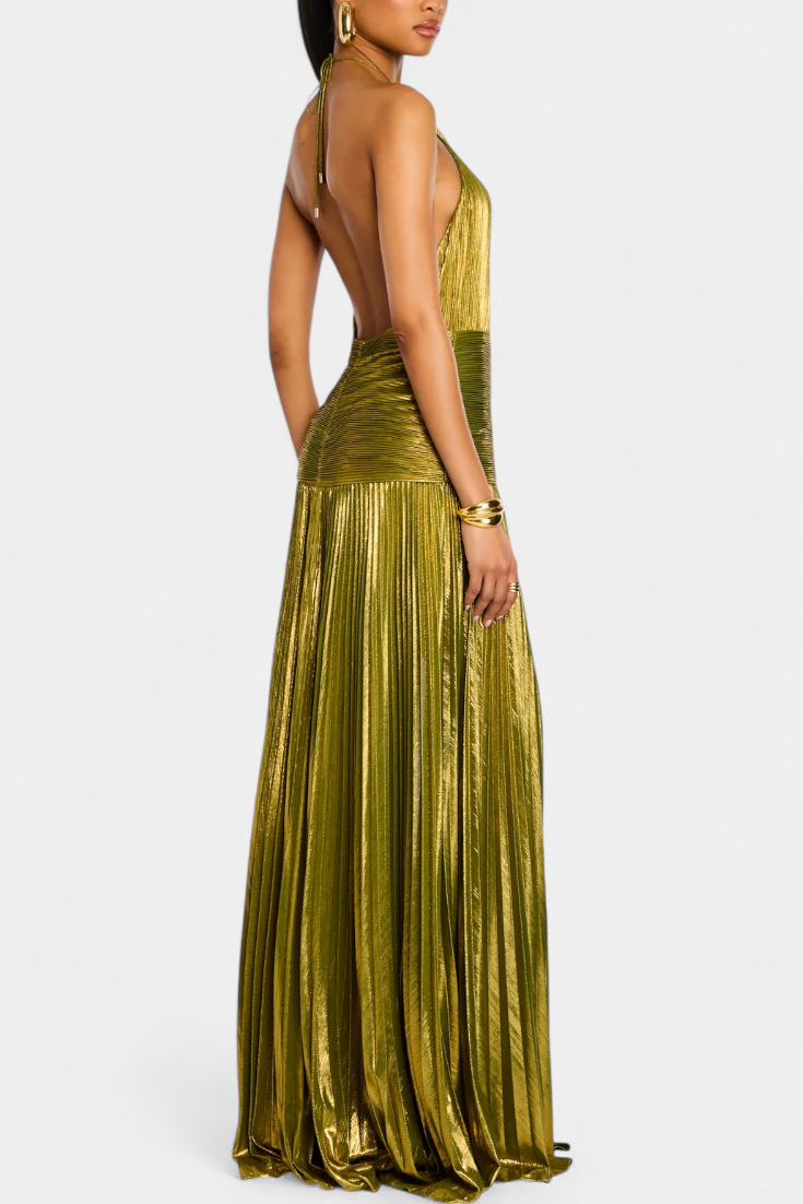Whistler Metallic Halter Dress with Open Back and High Slit