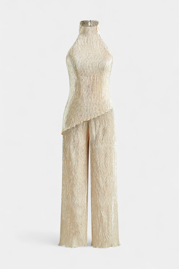 Banff Pleated Set with Asymmetrical Halter Top and Flowing Pants