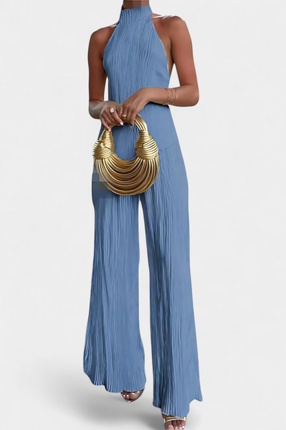 Banff Pleated Set with Asymmetrical Halter Top and Flowing Pants
