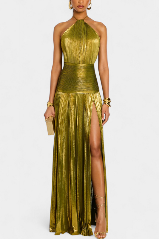 Whistler Metallic Halter Dress with Open Back and High Slit