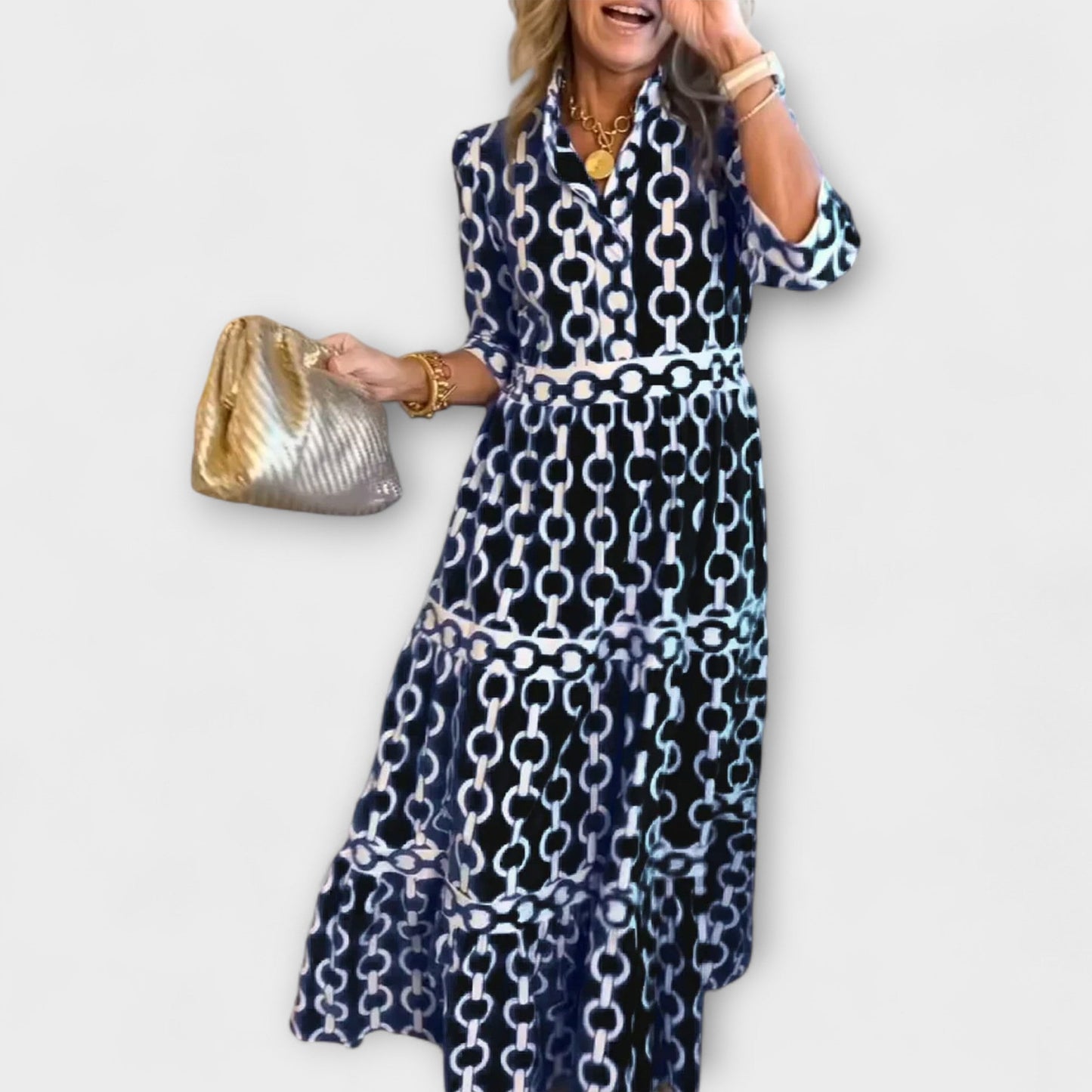 EVONNA | Flowy Midi Dress with Elegant Collar