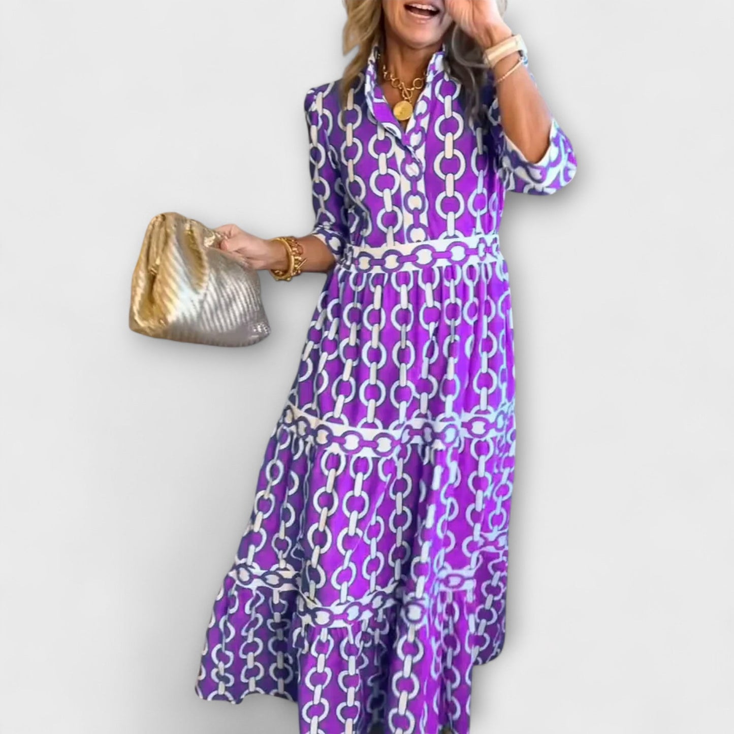 EVONNA | Flowy Midi Dress with Elegant Collar