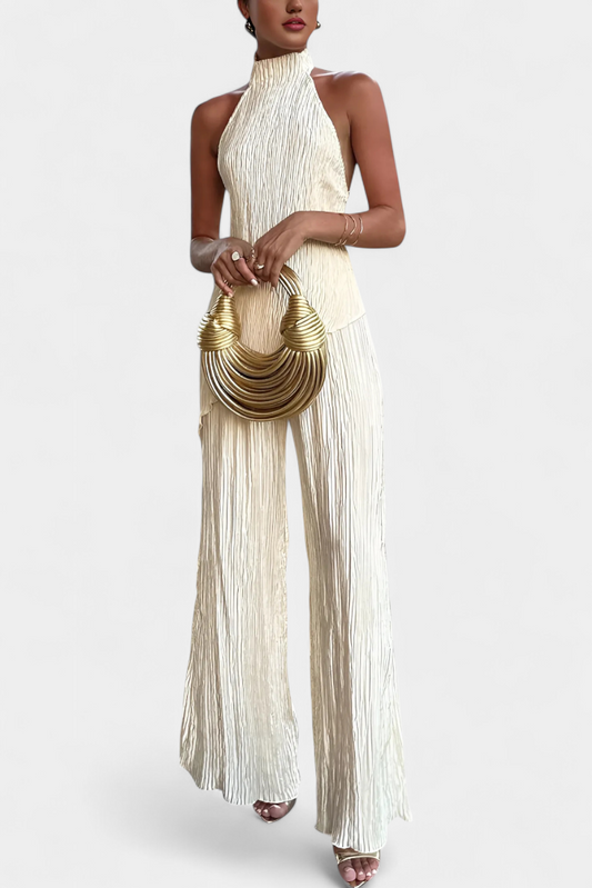 Banff Pleated Set with Asymmetrical Halter Top and Flowing Pants